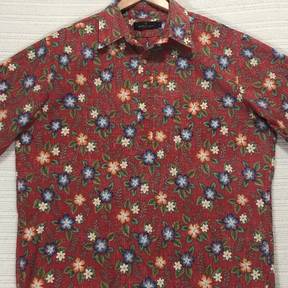 Bugatchi Uomo Mens Large Red Floral Hibiscus Tropical Short Sleeve Pullover